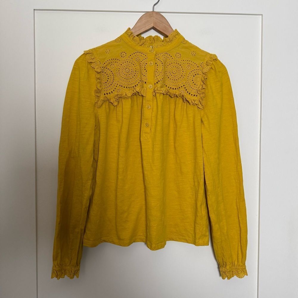 Boden Henley Top Womens Sz 8 Yellow Ruffle Eyelet Lace Long Sleeve Peasant Boho